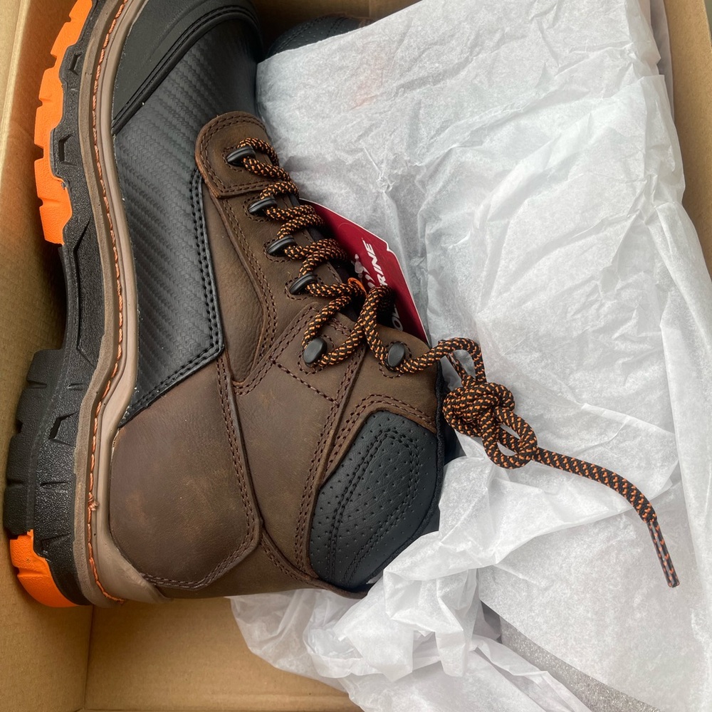 Wolverine overpass mid Brown and Black Boots with Orange Accents